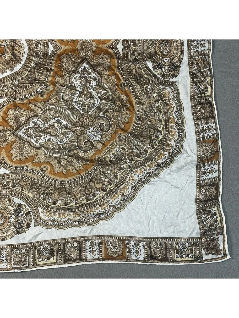 Vintage Square Mandala Pattern Silky Scarf in Cream and Brown